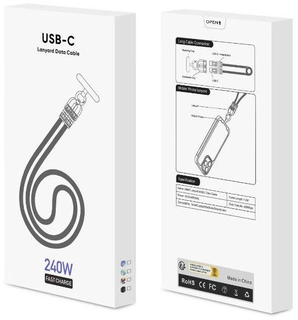 USB kabelis Vega ECOBOX* 240 W Type-C į Type-C pakabukas ant kaklo vaivorykštė rausvai mėlyna (36078)