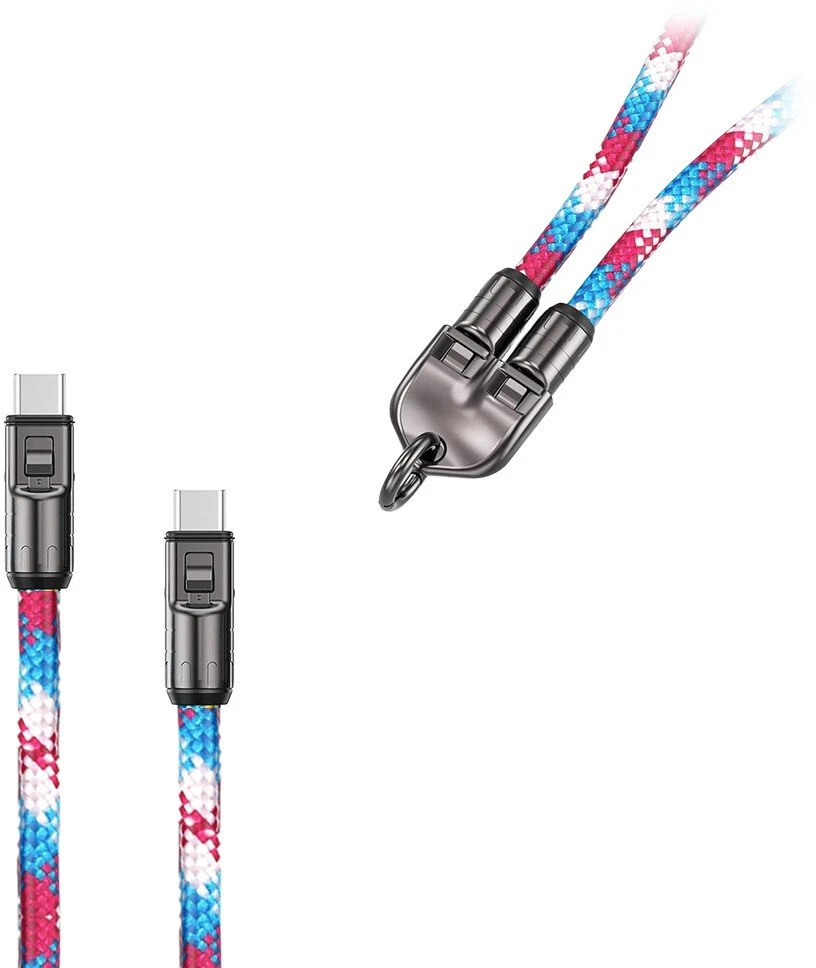 USB kabelis Vega ECOBOX* 240 W Type-C į Type-C pakabukas ant kaklo vaivorykštė rausvai mėlyna (36078)