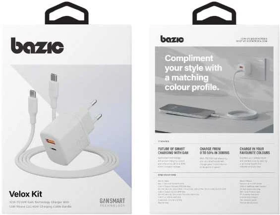 Energea Laidinis įkroviklis Bazic Goport Velox Kit 1xUSB-C 1xUSB-A GaN 35W with cable baltos spalvos