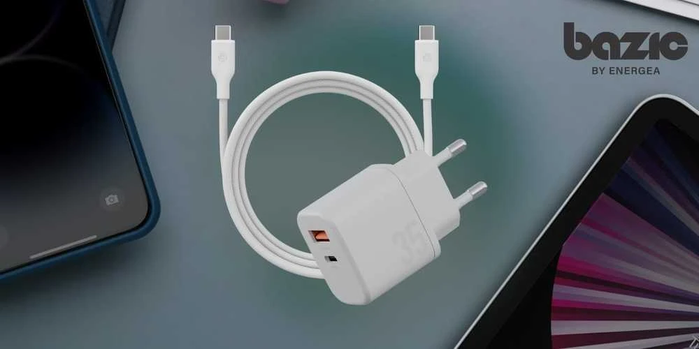 Energea Laidinis įkroviklis Bazic Goport Velox Kit 1xUSB-C 1xUSB-A GaN 35W with cable baltos spalvos
