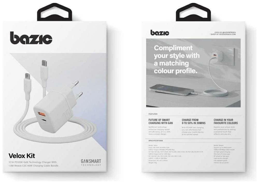 Energea Laidinis įkroviklis Bazic Goport Velox Kit 1xUSB-C 1xUSB-A GaN 35W with cable baltos spalvos
