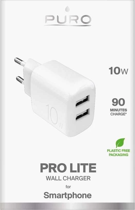 Puro PROLITE 10W 2x USB-A laidinis įkroviklis - baltos spalvos
