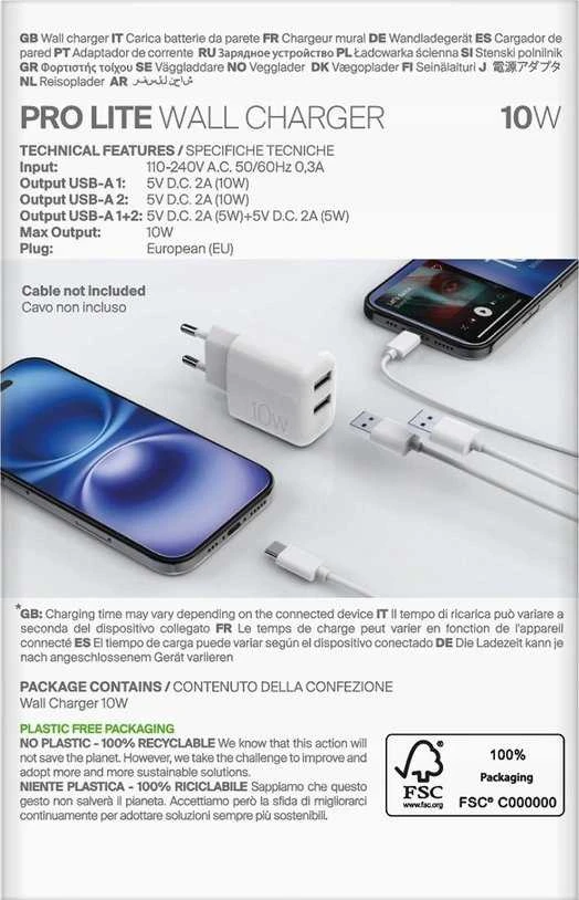 Puro PROLITE 10W 2x USB-A laidinis įkroviklis - baltos spalvos