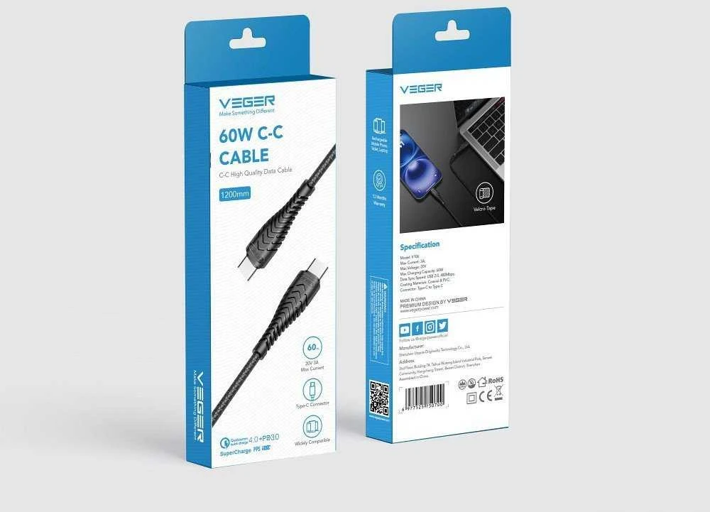 C tipo į C tipo jungiklį VEGER PD 3A 60W V106 1,2 m juodas