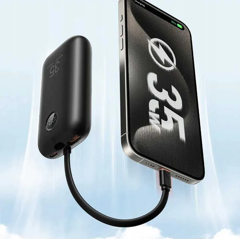 Išorinė baterija Veger K1 (W1188) PD QC3.0 35W 10000 mAh su integruotais C tipo laidais / Lightning juoda