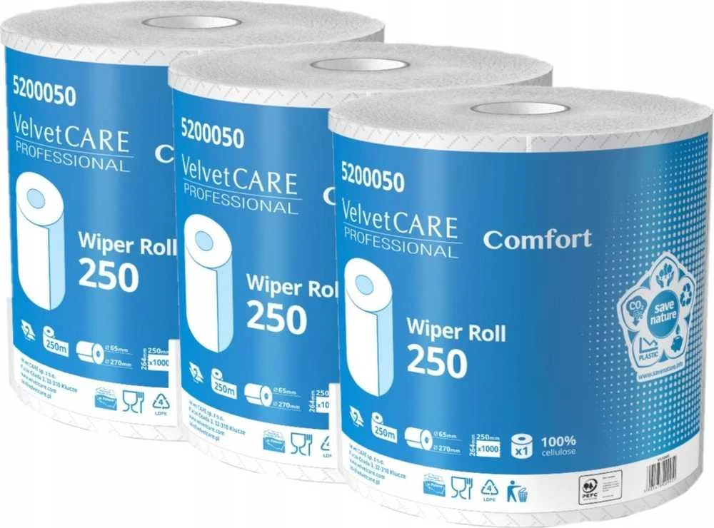 Popieriniai rankšluosčiai VELVET CARE Professional Comfort, rulone, 250 m, 2 sl., celiuliozė