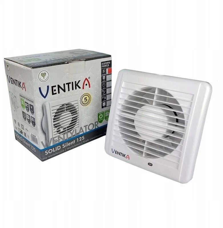 Ventika Ašinis ventiliatorius fi 100 230V 5,5W 84m3/h 25dB su rutuliniais guoliais, higrostatu ir laiko jungikliu baltas SOLID SILENT D100SRH