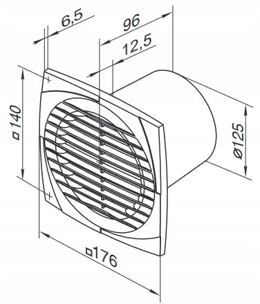 Ventika Ašinis ventiliatorius fi125 230V 16W 180m3/h 35dB su virveliniu jungikliu SIMPLE D125DWS
