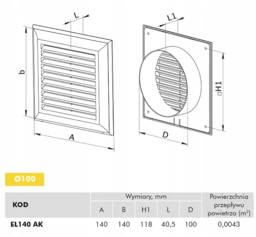 Ventika Vėdinimo grotelės 180x180mm su tinkleliu ir apvaliu flanšu fi 125mm baltos EL180AK