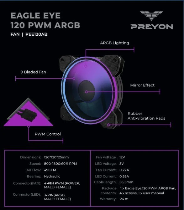 PREYON Eagle Eye 120 ventiliatoriaus techninė schema