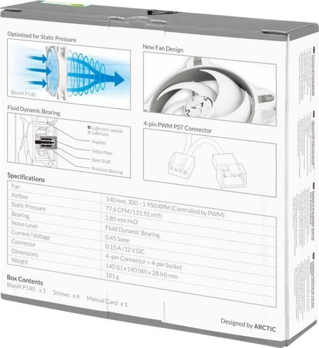 Arctic BioniX P140 pakuotės galinė pusė su techniniais duomenimis