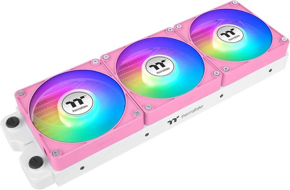 Trys sujungti rožiniai Thermaltake ARGB ventiliatoriai