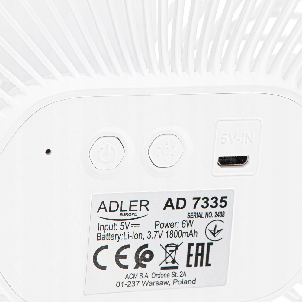 Adler AD 7335 Baterijos ventiliatorius 5/12,7 cm su spaustuku - USB / LED