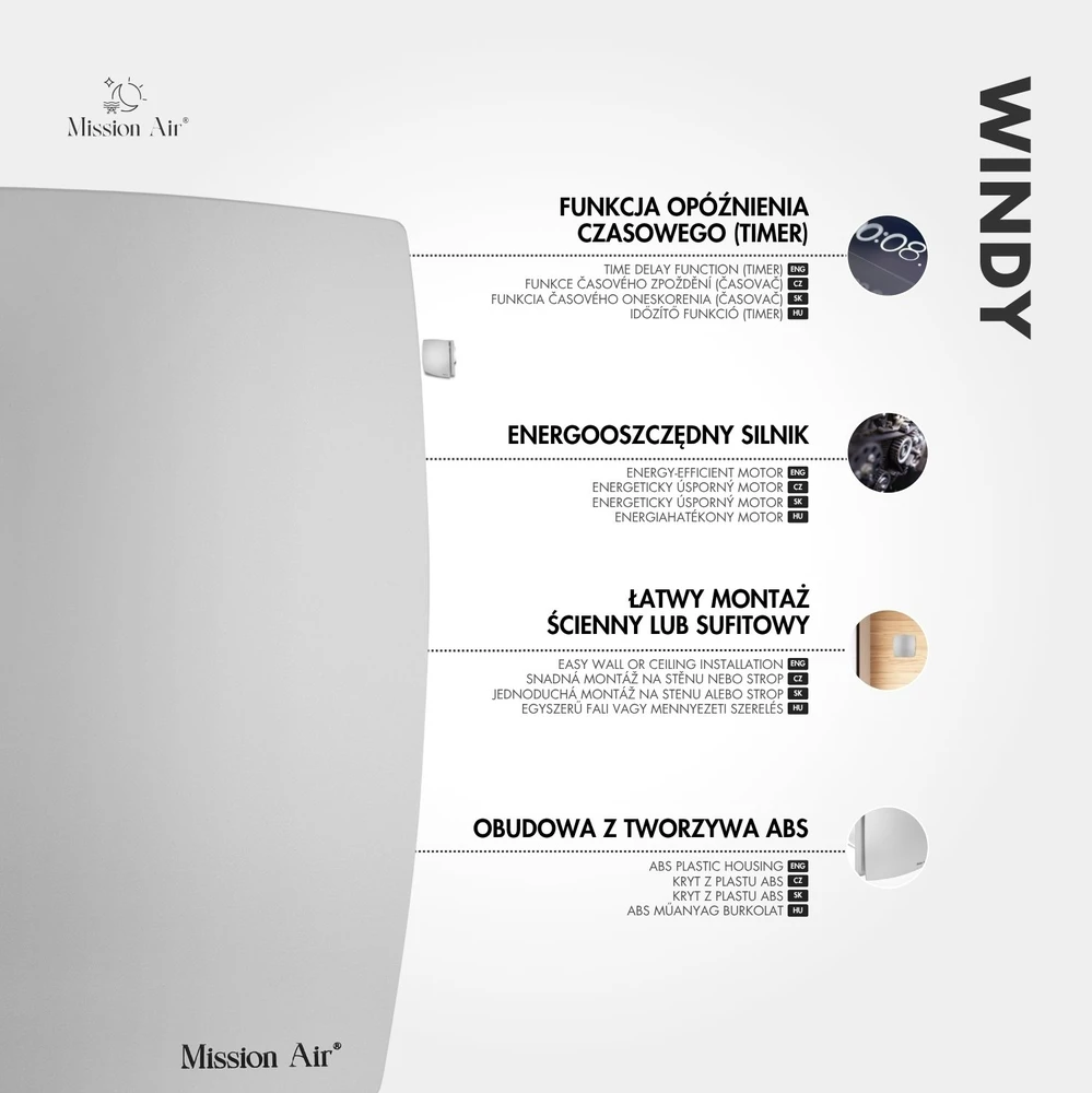Ventiliatorius Mission Air vonios kambariui Windy 120 H+T Sidabrinis