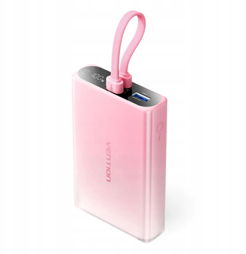 „Vention“ 10000 mAh išorinė baterija su LED ekranu, USB-C + „Lightning“ + USB-A, 22,5 W (rožinė)
