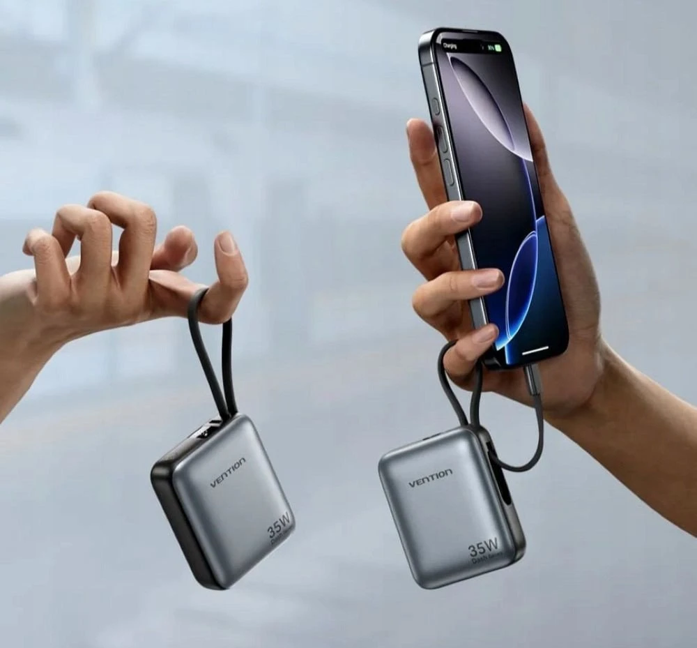 „Vention“ 10000mAh 35W – išorinė baterija su USB-C laidu (smėlio spalvos)