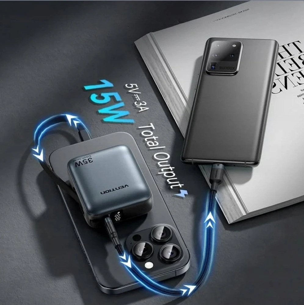 „Vention“ 10000mAh 35W – išorinė baterija su USB-C laidu (smėlio spalvos)