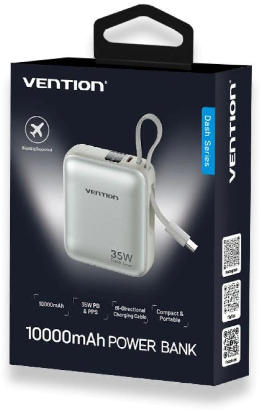 „Vention“ 10000mAh 35W – išorinė baterija su USB-C laidu (smėlio spalvos)