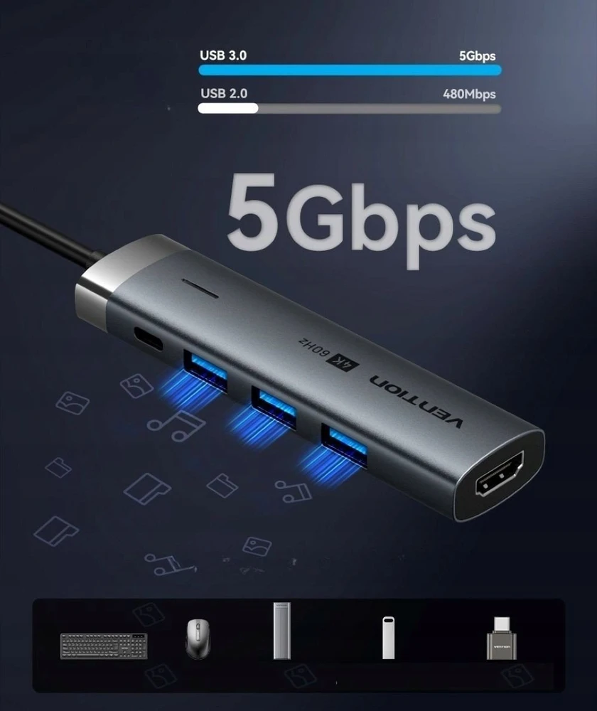 „Vention 5-in-1“ USB-C šakotuvas, 100 W, PD, 5 Gbps, 4K@60 Hz