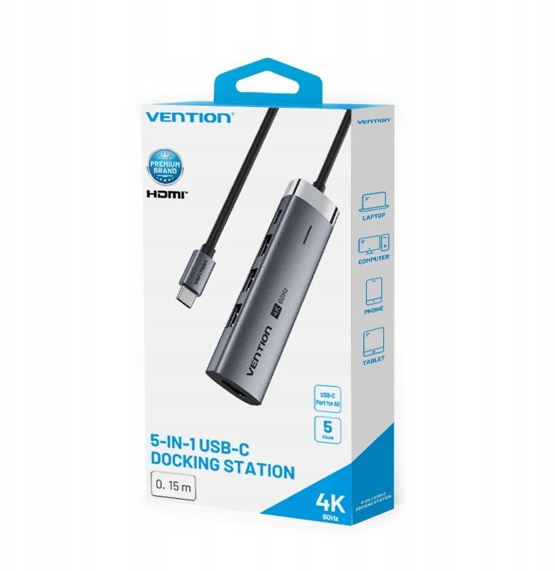 „Vention 5-in-1“ USB-C šakotuvas, 100 W, PD, 5 Gbps, 4K@60 Hz