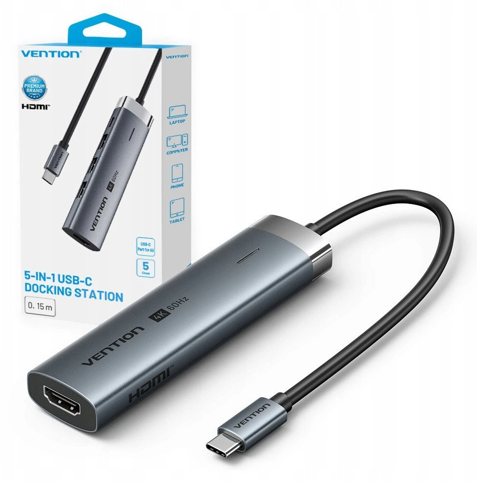 Vention 5-in-1 USB-C šakotuvas su HDMI ir pakuote