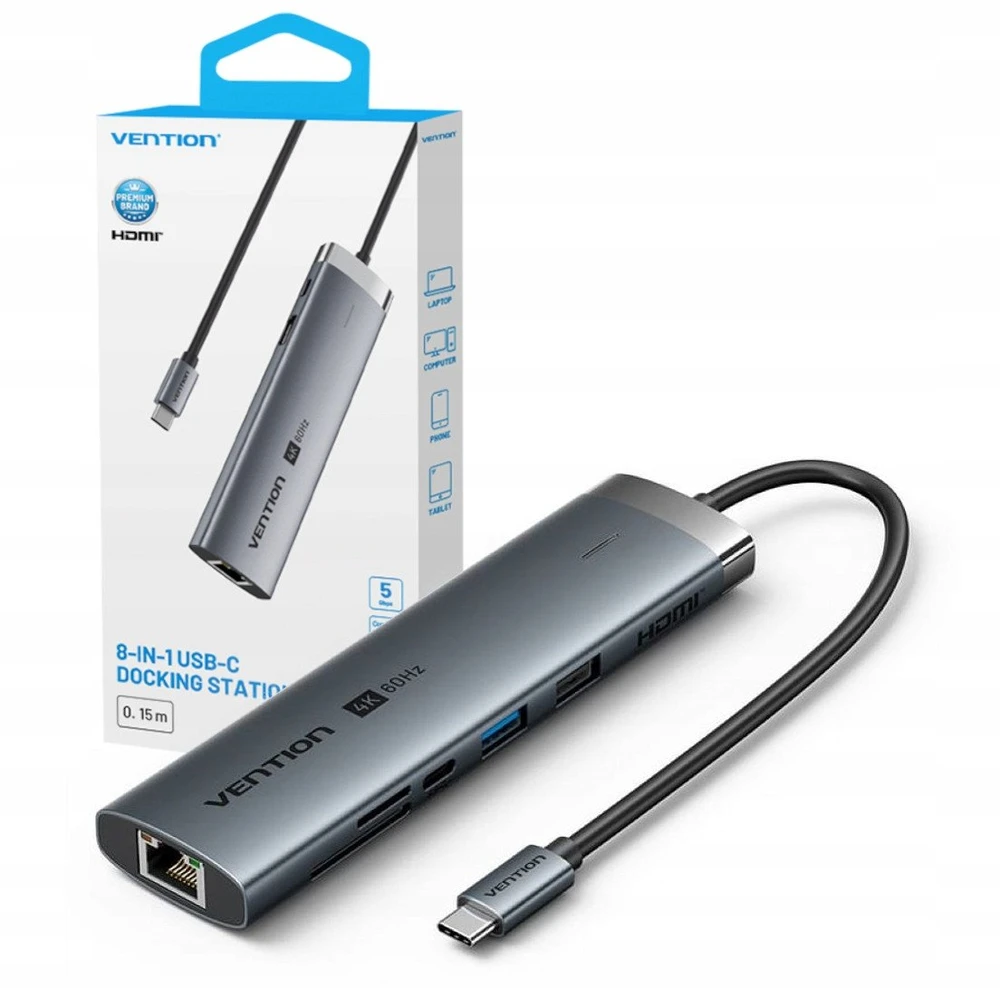 „Vention“ USB-C 8 viename 4K 60Hz 100W prijungimo stotelė