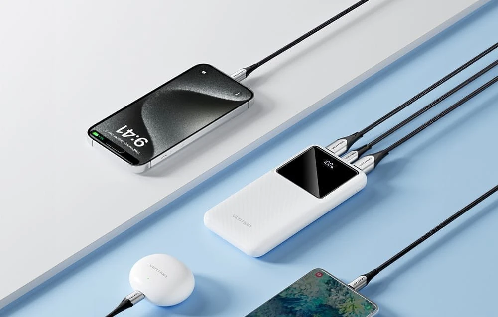 Vention Powerbank, ventiliacija, FHKW0, 10000 mAh, mikro USB, USB-C, 2xUSB-A, 22.5 W (balta)