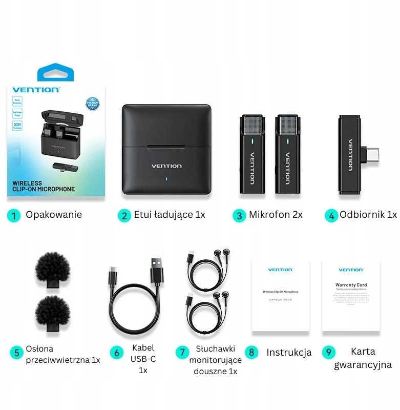 2 Vention USB-C mikrofonų rinkinys + įkrovimo dėklas