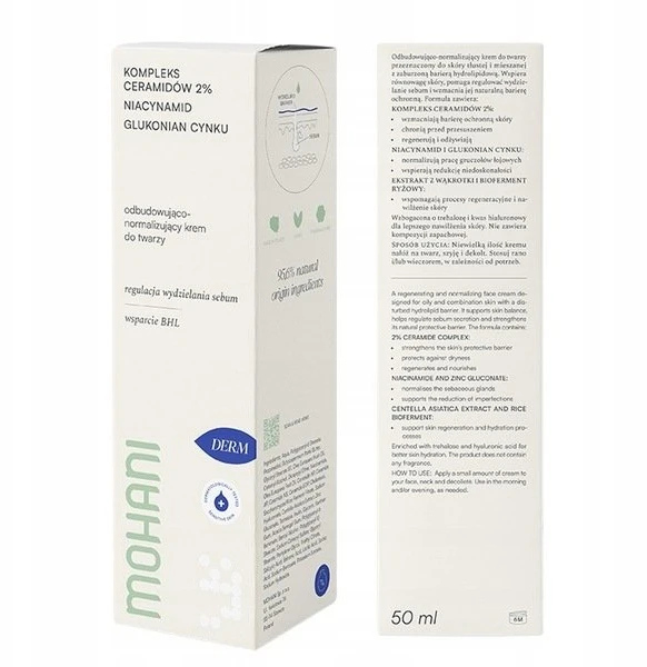 Veoli Botanica „Mohani Derm“ regeneruojantis ir normalizuojantis veido kremas su keramidų kompleksu, 2 % niacinamido ir cinko gliukonatu, 50 ml
