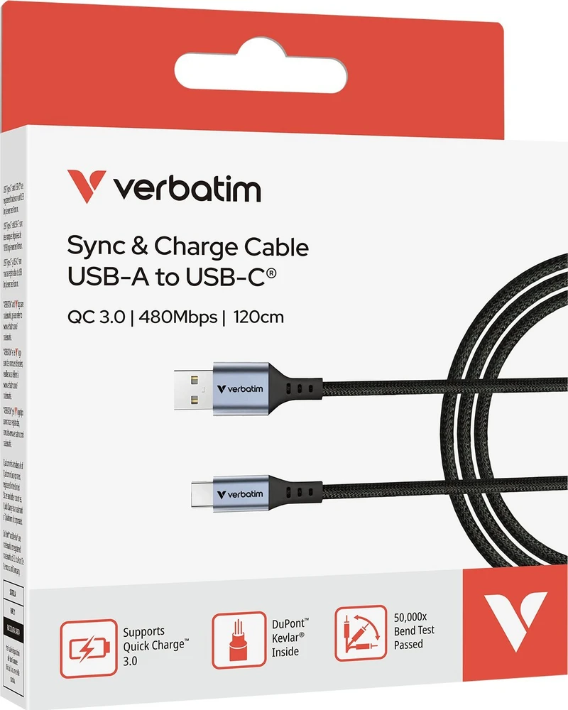 „Verbatim“ sinchronizavimo ir įkrovimo laidas USB-A į USB-C, 18 W, 120 cm, Juodas