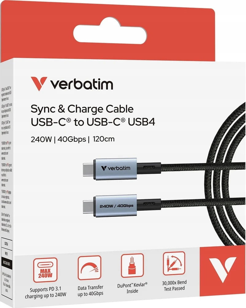 Kabelis Verbatim Sync & Charge USB-C į USB-C 240W 40Gb/s 120cm juodos spalvos 31847
