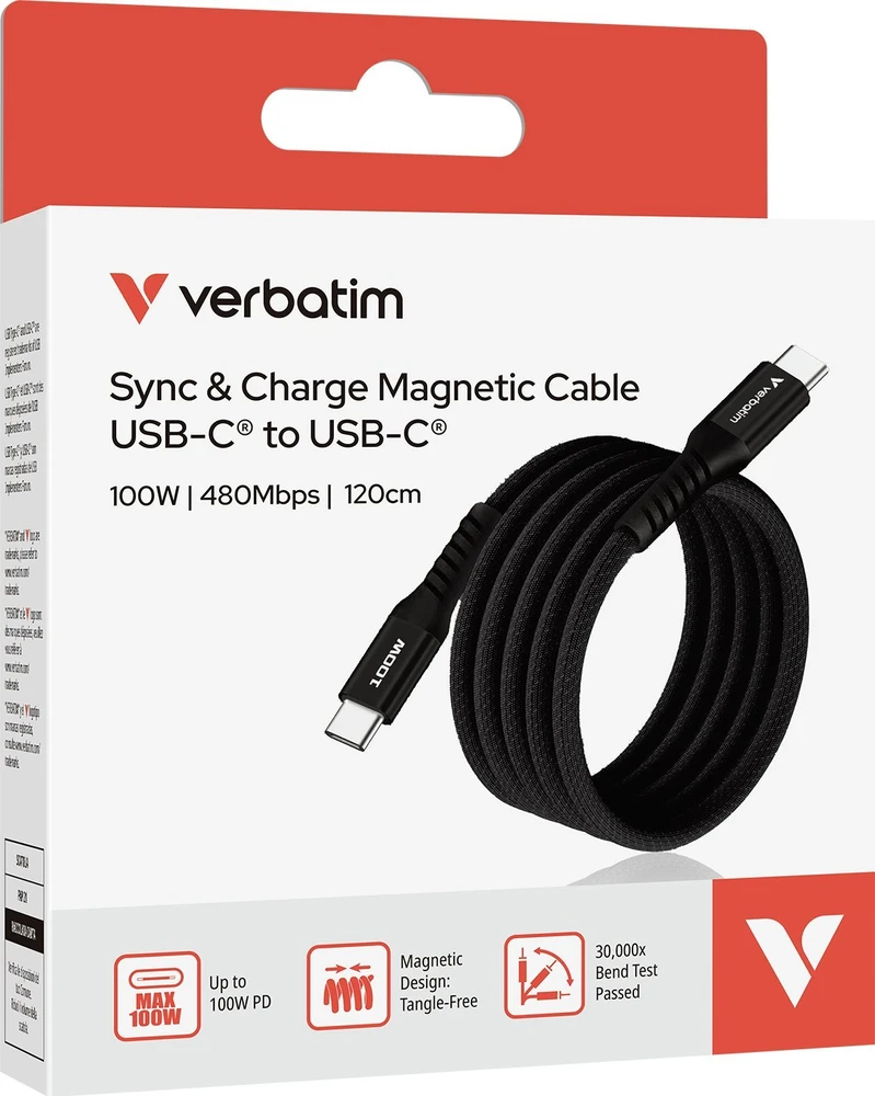 „Verbatim“ magnetinis sinchronizavimo ir įkrovimo laidas USB-C į USB-C, 100 W, 120 cm, Juodas