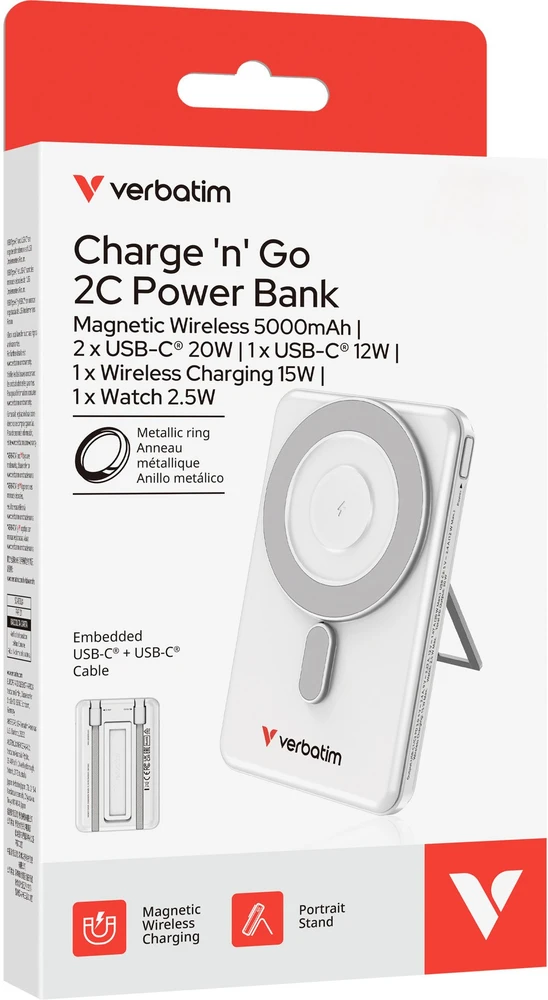 „Verbatim Charge ‘n’ Go 2C“ magnetinė belaidė išorinė baterija su stovu, 5000 mAh, 2 × USB-C, Sidabrinis
