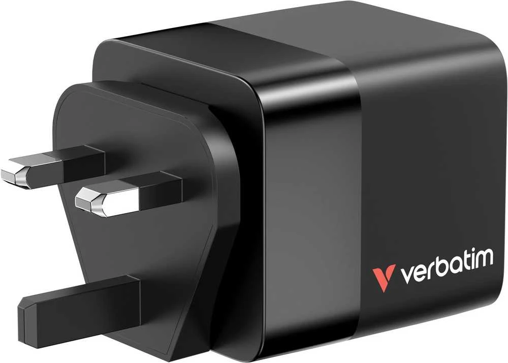 Verbatim GaN sieninis įkroviklis, 65 W, 2 prievadai, USB-C laidas, sulankstomas JAV kištukas su ES / JK adapteriais