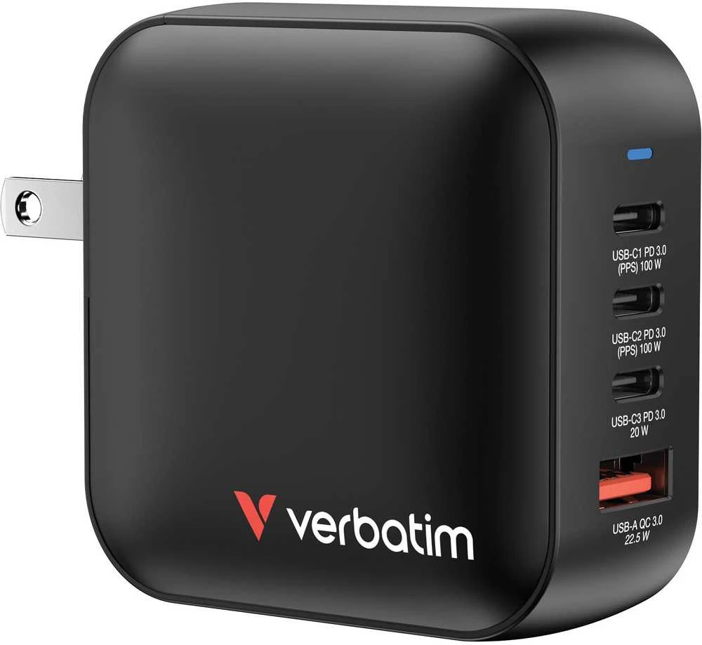 Wall Charger Verbatim Mini GaN 100W 3xUSB-C PD/1x USB-A QC juodas 32231