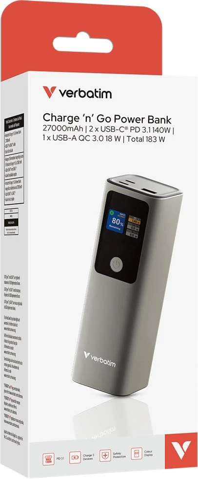 Verbatim Charge 'n' Go išorinė baterija, 27000mAh, 2× USB-C PD 3.1 140W + USB-A QC 3.0 18W, Pilkas