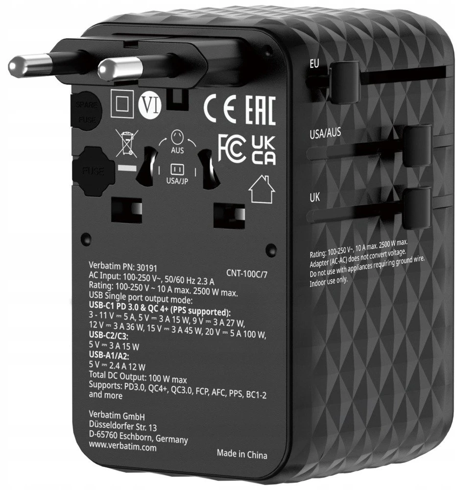Verbatim kelioninis įkroviklis EU/UK/US GaN 2xUSB-C/2xUSB-A/1xUSB-C PD 100W juodos spalvos 30191