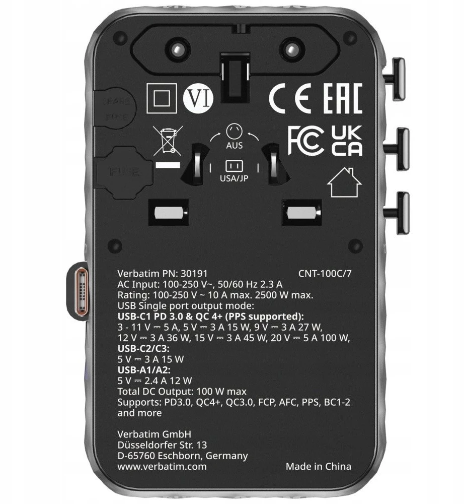 Verbatim kelioninis įkroviklis EU/UK/US GaN 2xUSB-C/2xUSB-A/1xUSB-C PD 100W juodos spalvos 30191