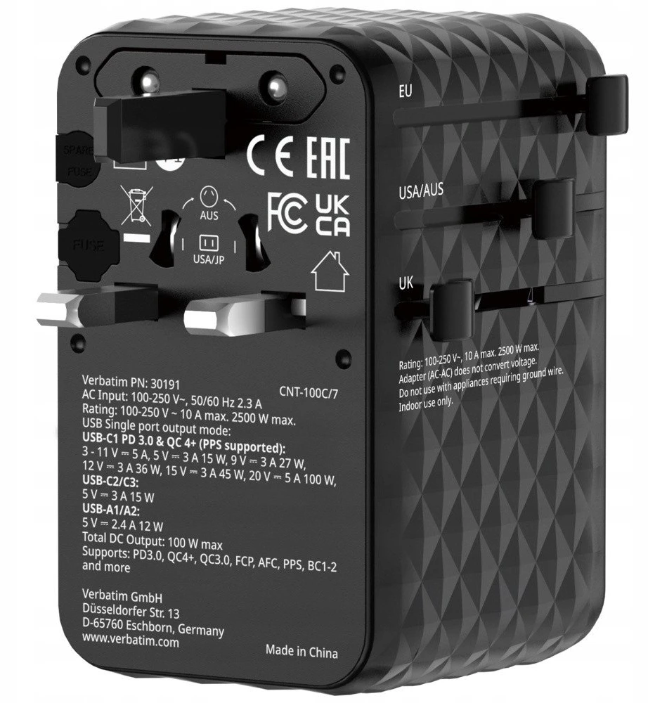 Verbatim kelioninis įkroviklis EU/UK/US GaN 2xUSB-C/2xUSB-A/1xUSB-C PD 100W juodos spalvos 30191