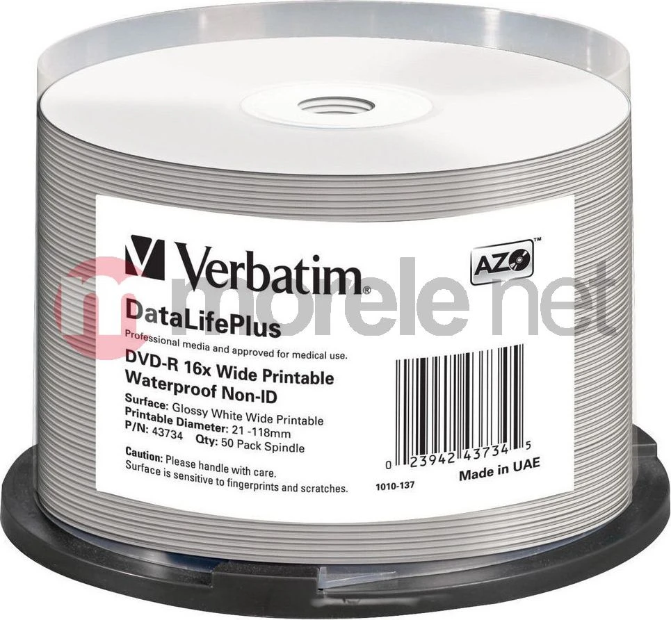 1x50 Verbatim DVD-R 4,7GB 16x platus, blizgus vandeniui atsparus spaudinys