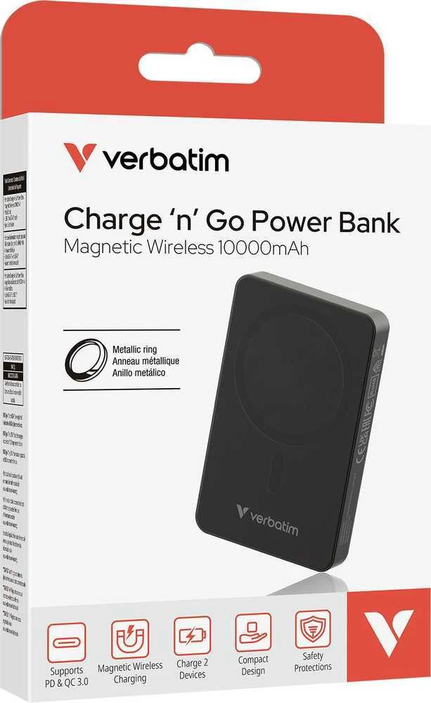 Išorinė baterija Verbatim Charge n Go Essentials 10000mAh magnetinė belaidė, juodos spalvos 32227