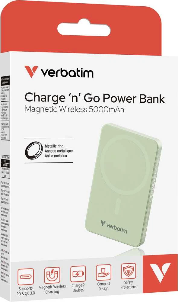 „Verbatim Charge ‘n’ Go Essentials“ magnetinė belaidė išorinė baterija, 5000 mAh, Žalia