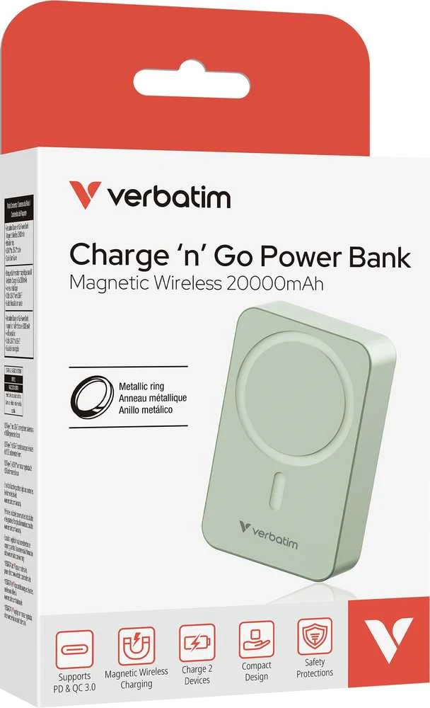 „Verbatim Charge ‘n’ Go Essentials“ magnetinė belaidė išorinė baterija, 20000 mAh, Žalia