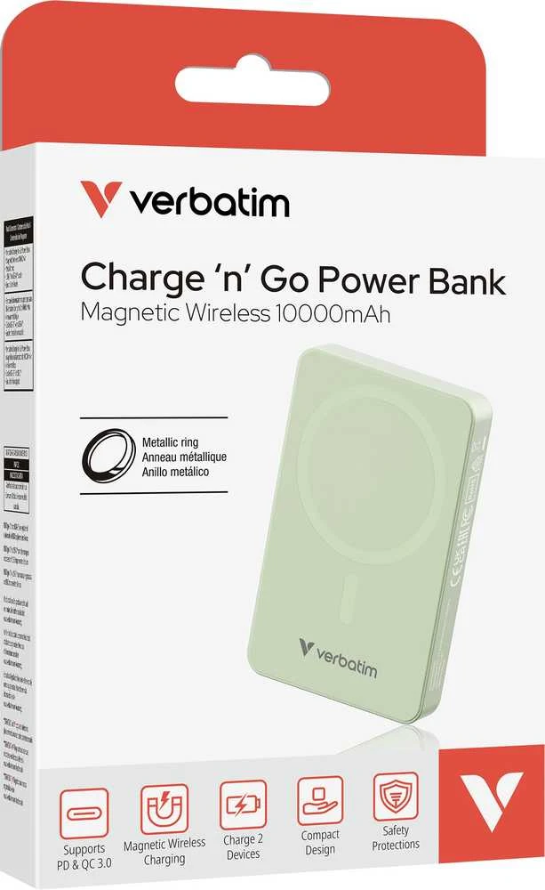 „Verbatim Charge ‘n’ Go Essentials“ magnetinė belaidė išorinė baterija, 10000 mAh, Žalia