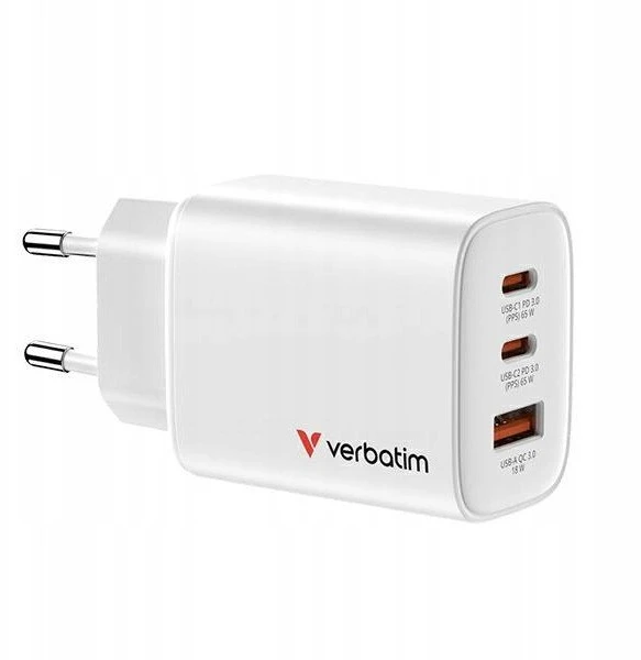 Verbatim GaN Travel Charger Essentials 65W, 2×USB-C PD, 1×USB-A QC, EU Plug, Baltas