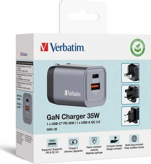 Verbatim GaN 35W Laidinis įkroviklis USB-C/USB-A + EU/UK/US Adapteris GNC-35 32200
