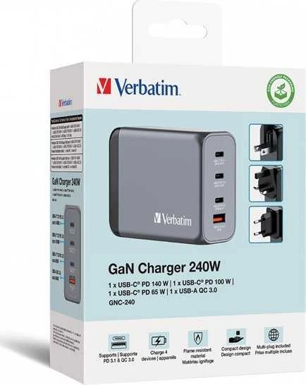 VERBATIM įkroviklis GNC-240 GaN su 4 prievadų 240 W USB oro kondicionieriumi ES / JK / JAV