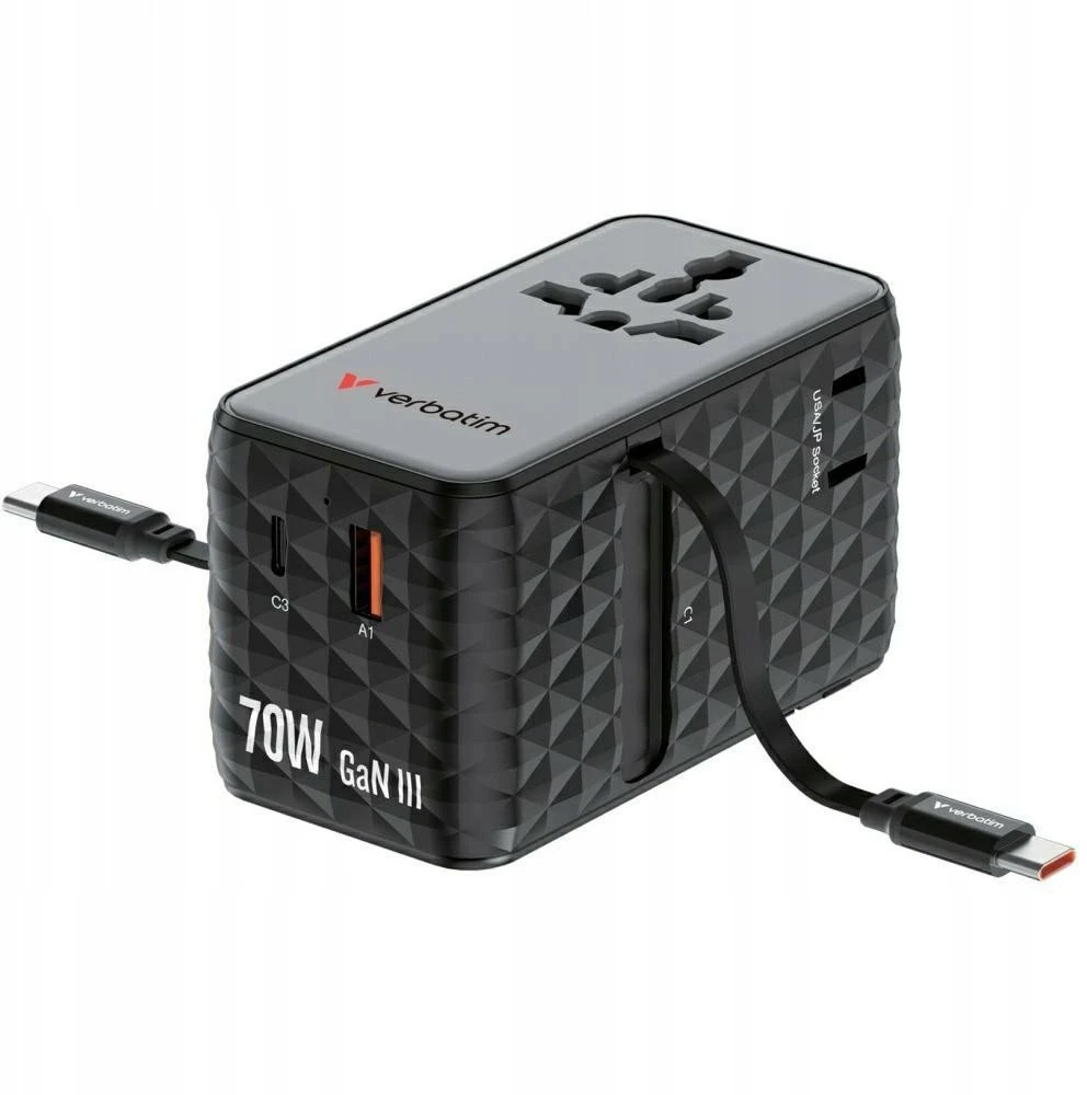Verbatim kelioninis įkroviklis EU/UK/US GaN 1xUSB-C/1xUSB-A/2xUSB-C PD 70W juodos spalvos 30186