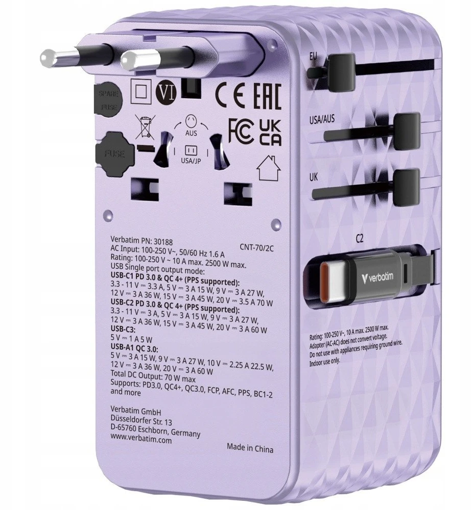 Verbatim Travel Adapteris EU/UK/US GaN 1xUSB-C/1xUSB-A/2xUSB-C PD 70W violetinė 30188