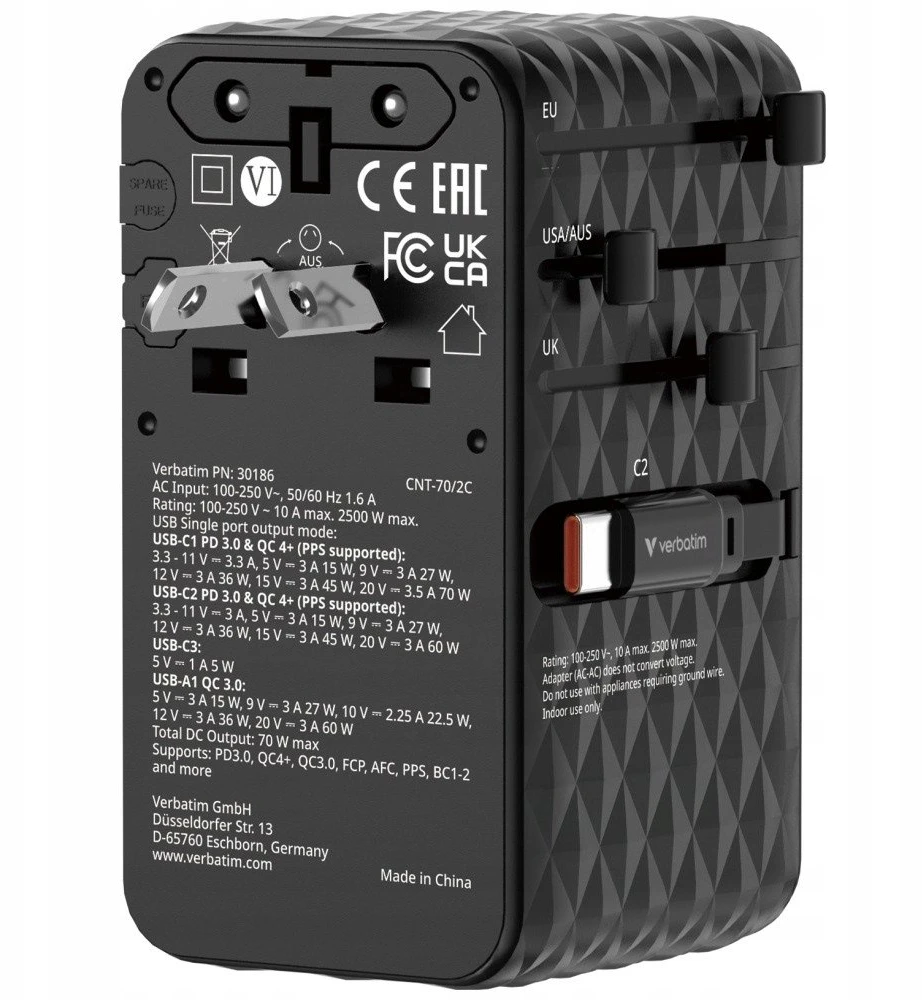 Verbatim kelioninis įkroviklis EU/UK/US GaN 1xUSB-C/1xUSB-A/2xUSB-C PD 70W juodos spalvos 30186